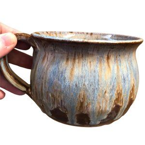 2 Large Art Pottery Soup Coffee Mugs Blue Brown Signed Triple C Jesus Saves